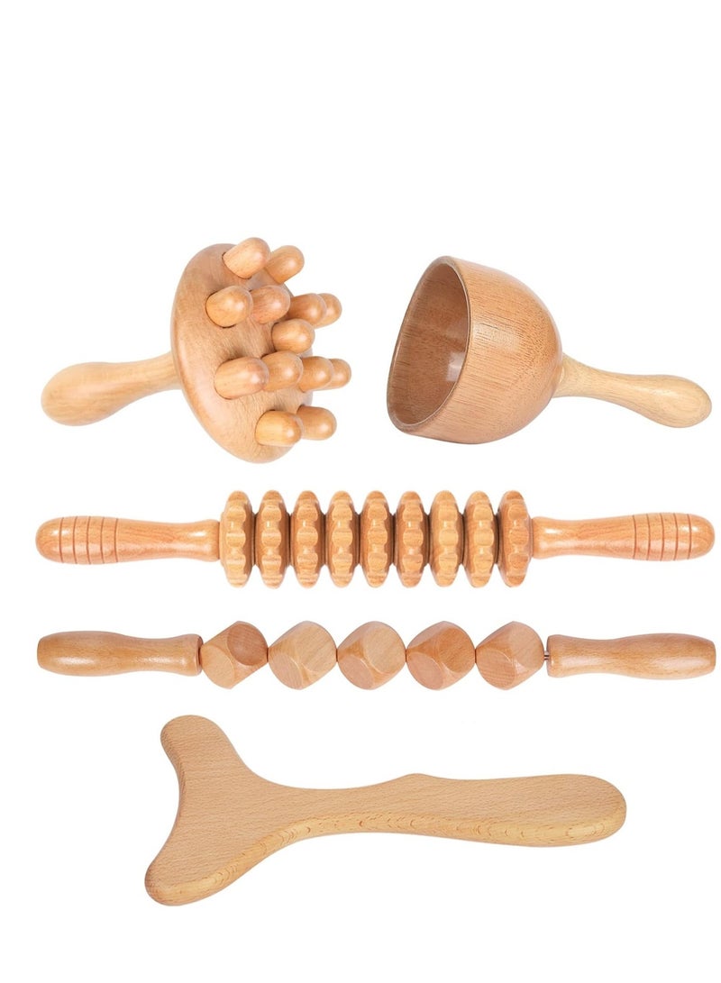 عربست أدوات تدليك العلاج الخشبي 5-في-1 تدليك الصرف الليمفاوي المهني Maderoterapia Kit تدليك خشبي أدوات النحت للجسم لتخفيف آلام العضلات ومكافحة السيلوليت وتشكيل الجسم - Image 1